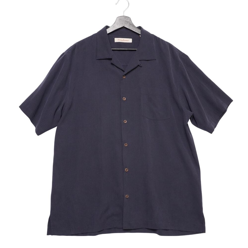 Tommy Bahama 100% Silk Shirt Men’s L Camp Collar Navy‎ Blue Short Sleeve Luau
